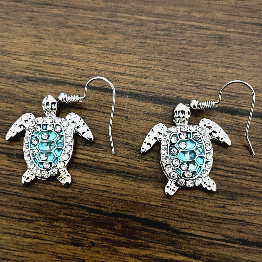 Sea Turtle Dangle Earrings Blue Crystal Silver Tone Hawaiian Honu Beach Jewelry